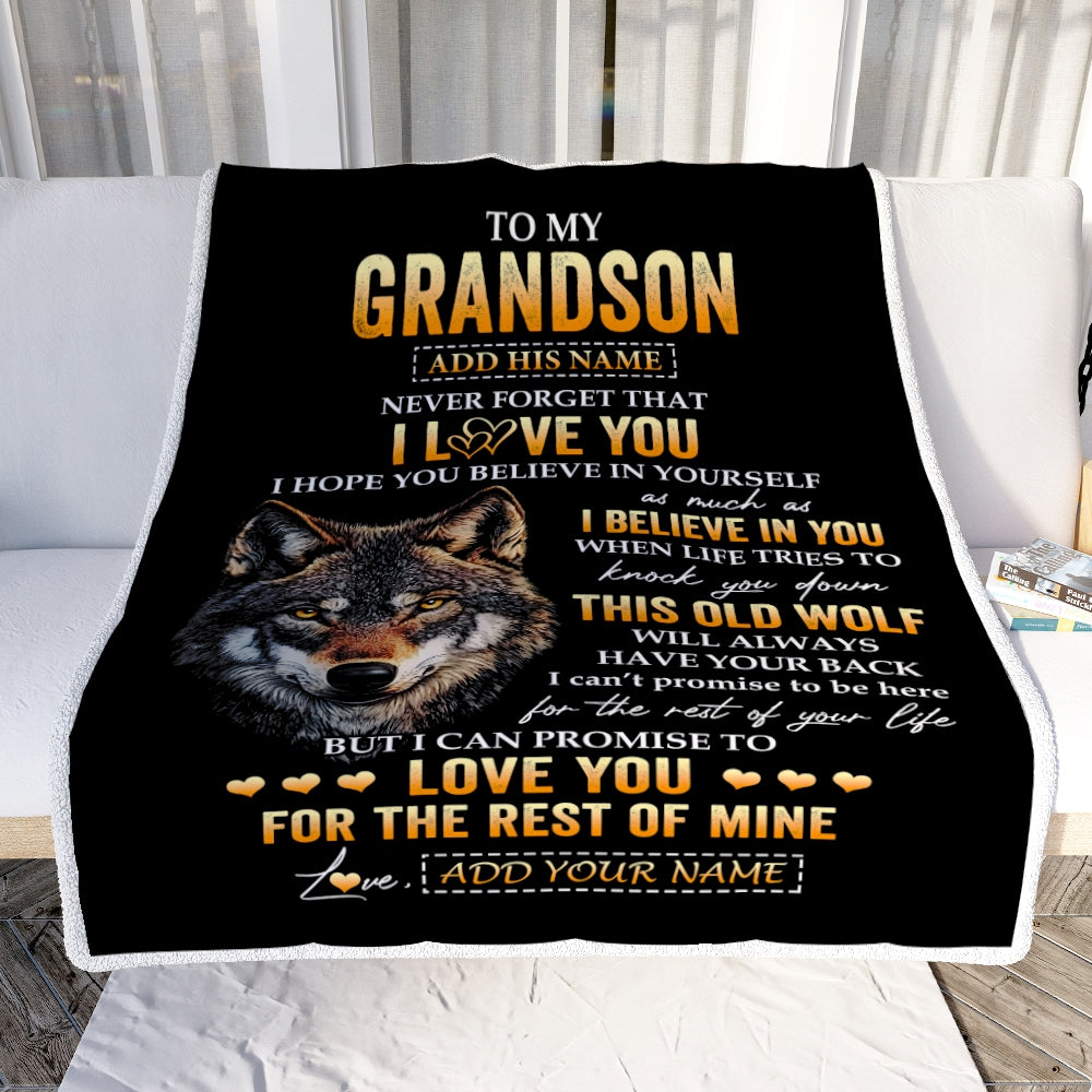 Personalized To My Grandson Gifts From Grandpa Grandma Blanket Old Wolf Love You Grandson Birthday Gifts Graduation Christmas Customized Fleece Throw Blanket | siriusteestore