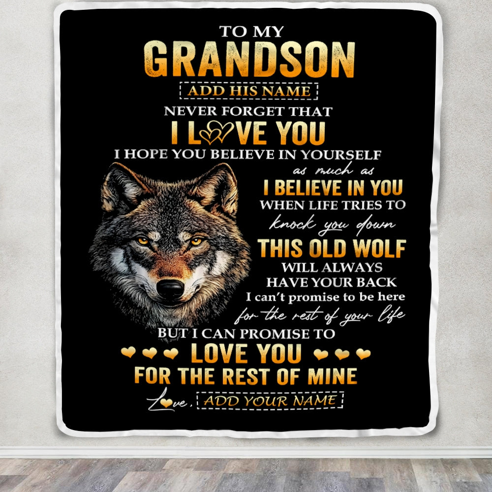 Personalized To My Grandson Gifts From Grandpa Grandma Blanket Old Wolf Love You Grandson Birthday Gifts Graduation Christmas Customized Fleece Throw Blanket | siriusteestore