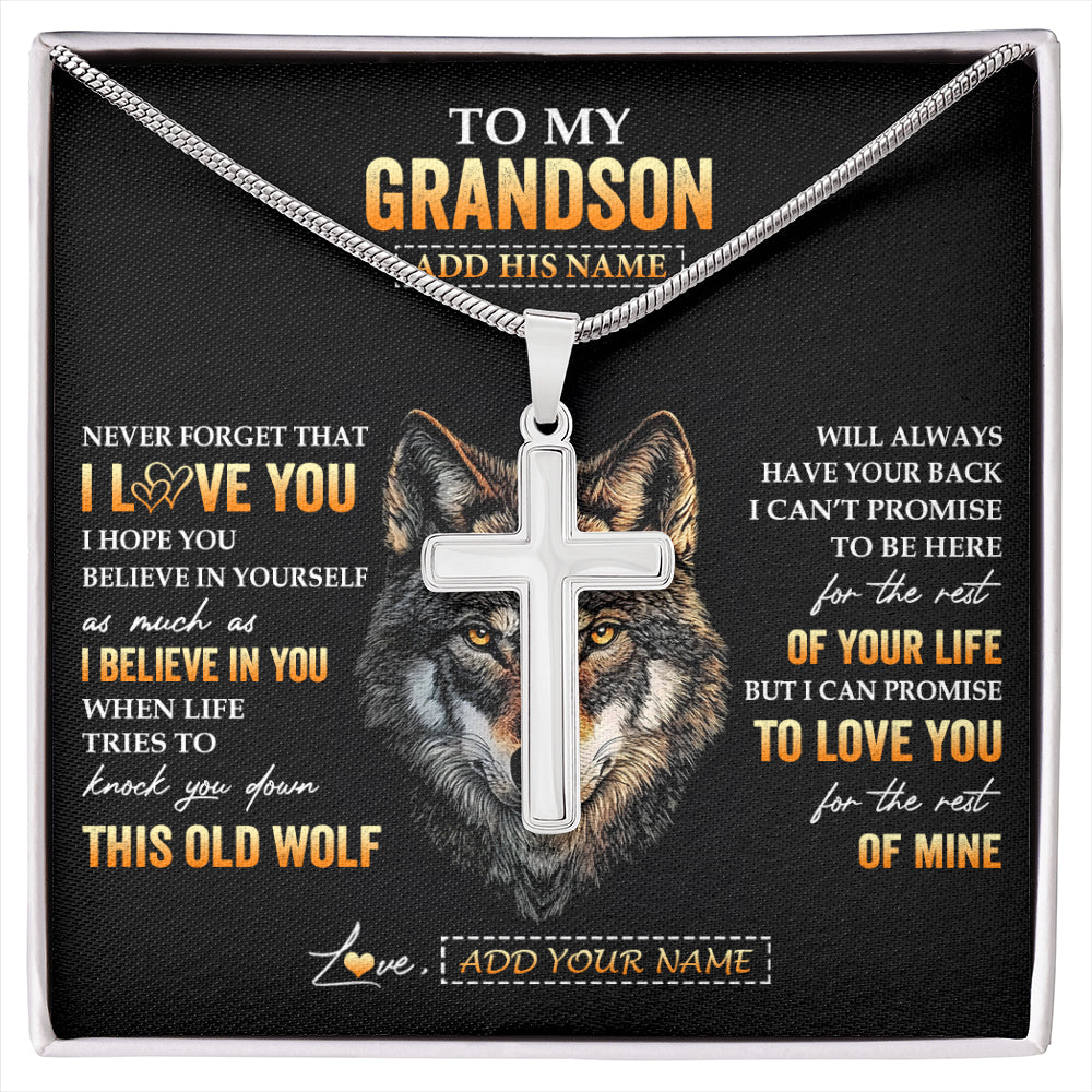 Stainless Cross Necklace Stainless Steel | 1 | Personalized To My Grandson Gifts From Grandpa Grandma Necklace Old Wolf Love You Grandson Birthday Gifts Graduation Christmas Custom Gift Box Message Card | siriusteestore