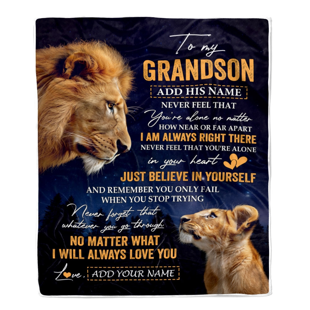 Personalized To My Grandson Gifts From Grandpa Grandparent Blanket Lion Never Feel Alone Birthday Gifts Grandson Graduation Valentines Christmas Fleece Blanket | siriusteestore