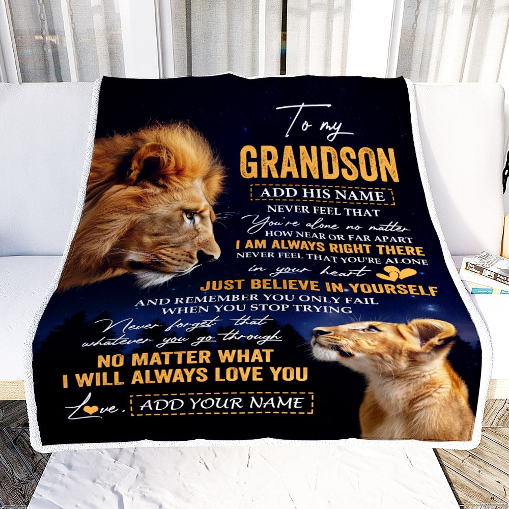 Personalized To My Grandson Gifts From Grandpa Grandparent Blanket Lion Never Feel Alone Birthday Gifts Grandson Graduation Valentines Christmas Fleece Blanket | siriusteestore
