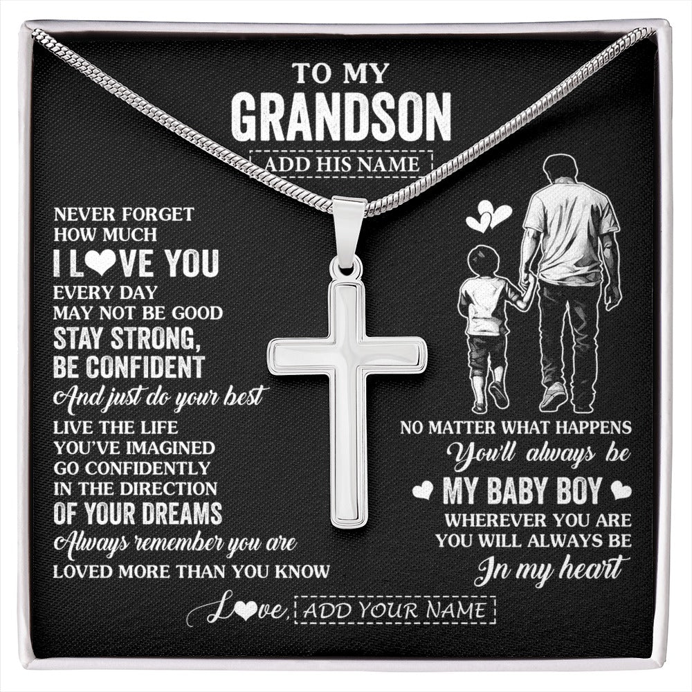 Stainless Cross Necklace Stainless Steel | 1 | Personalized To My Grandson Gifts From Grandpa Necklace Never Forget How Much I Love You Grandson Birthday Graduation Christmas Custom Gift Box Message Card | https://siriusteestore.