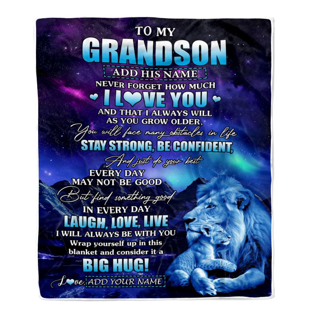 Personalized To My Grandson Gifts From Grandpa Papa Blanket Laught Love Live Lion Great Grandson Birthday Gifts Graduation Christmas Customized Fleece Blanket | siriusteestore