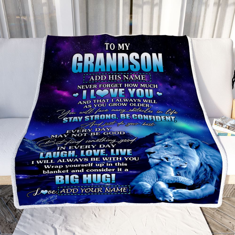 Personalized To My Grandson Gifts From Grandpa Papa Blanket Laught Love Live Lion Great Grandson Birthday Gifts Graduation Christmas Customized Fleece Blanket | siriusteestore