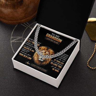 Cuban Link Chain Necklace Stainless Steel | 2 | Personalized To My Grandson Gifts From Grandpa Papa Necklace Old Lion Love You Grandson Birthday Gifts Graduation Christmas Custom Gift Box Message Card | siriusteestore.myshopify