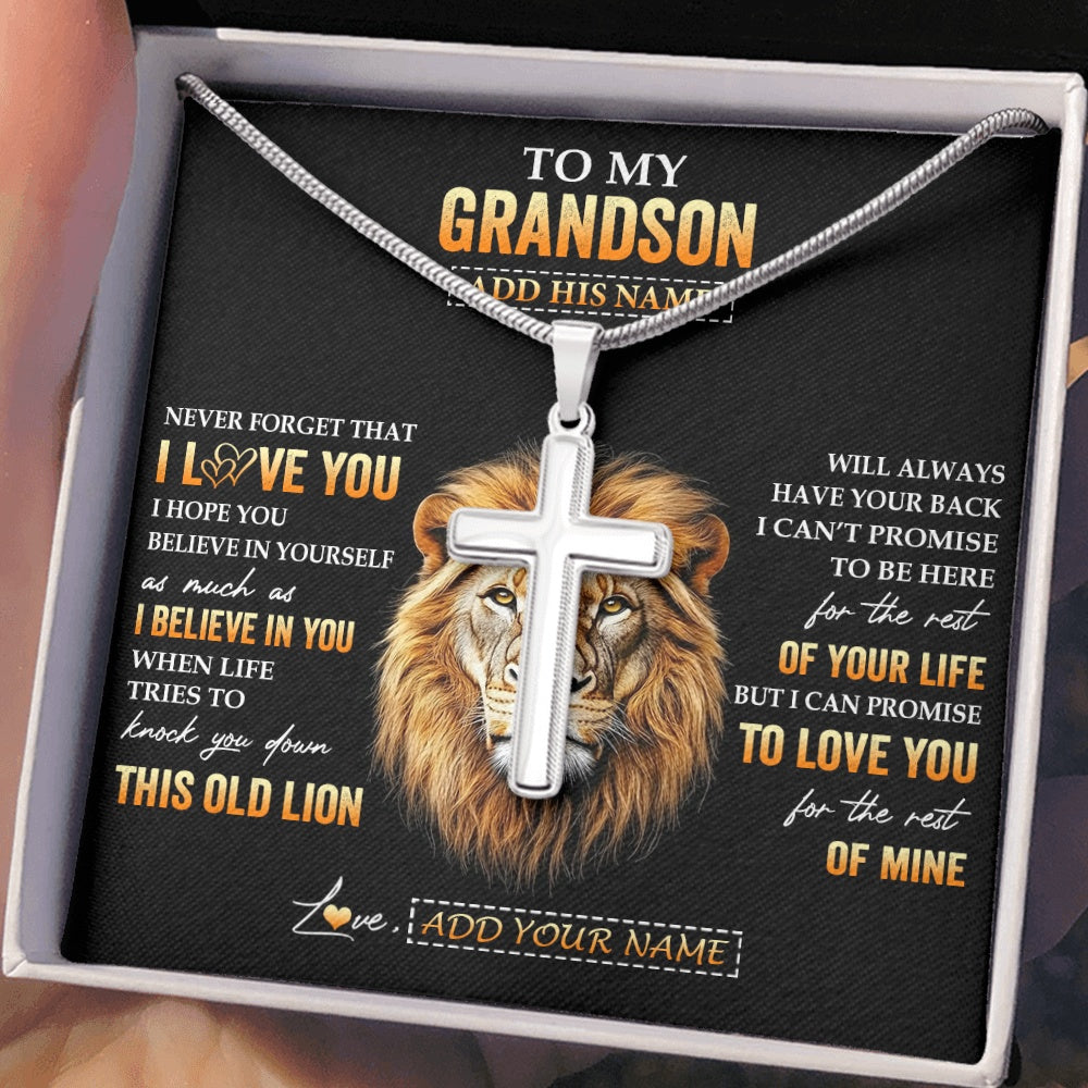 Stainless Cross Necklace Stainless Steel | 2 | Personalized To My Grandson Gifts From Grandpa Papa Necklace Old Lion Love You Grandson Birthday Gifts Graduation Christmas Custom Gift Box Message Card | siriusteestore.myshopify