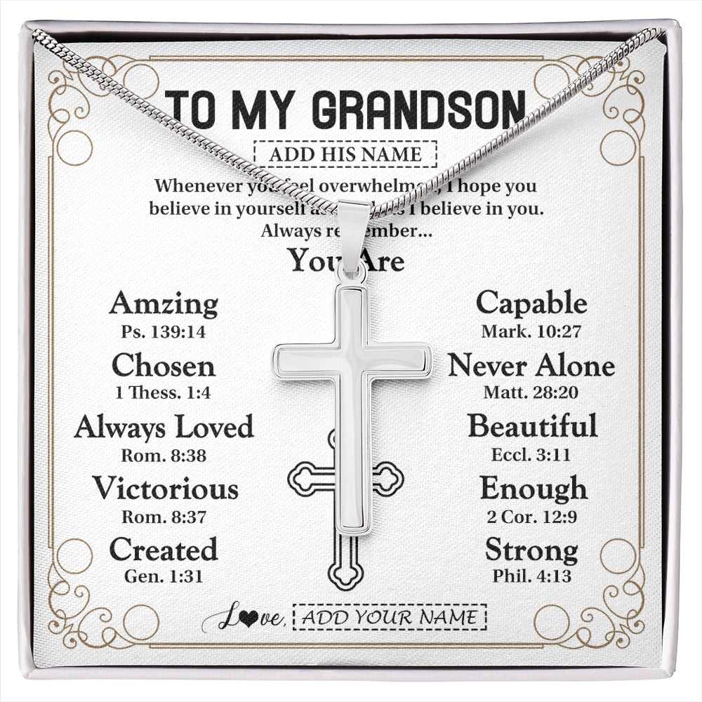 Stainless Cross Necklace Stainless Steel | 1 | Personalized To My Grandson Gifts Necklace From Grandma Grandpa Christ Christian Gifts For Grandson Birthday Christmas Graduation Gift Box Message Card | https://siriusteestore.