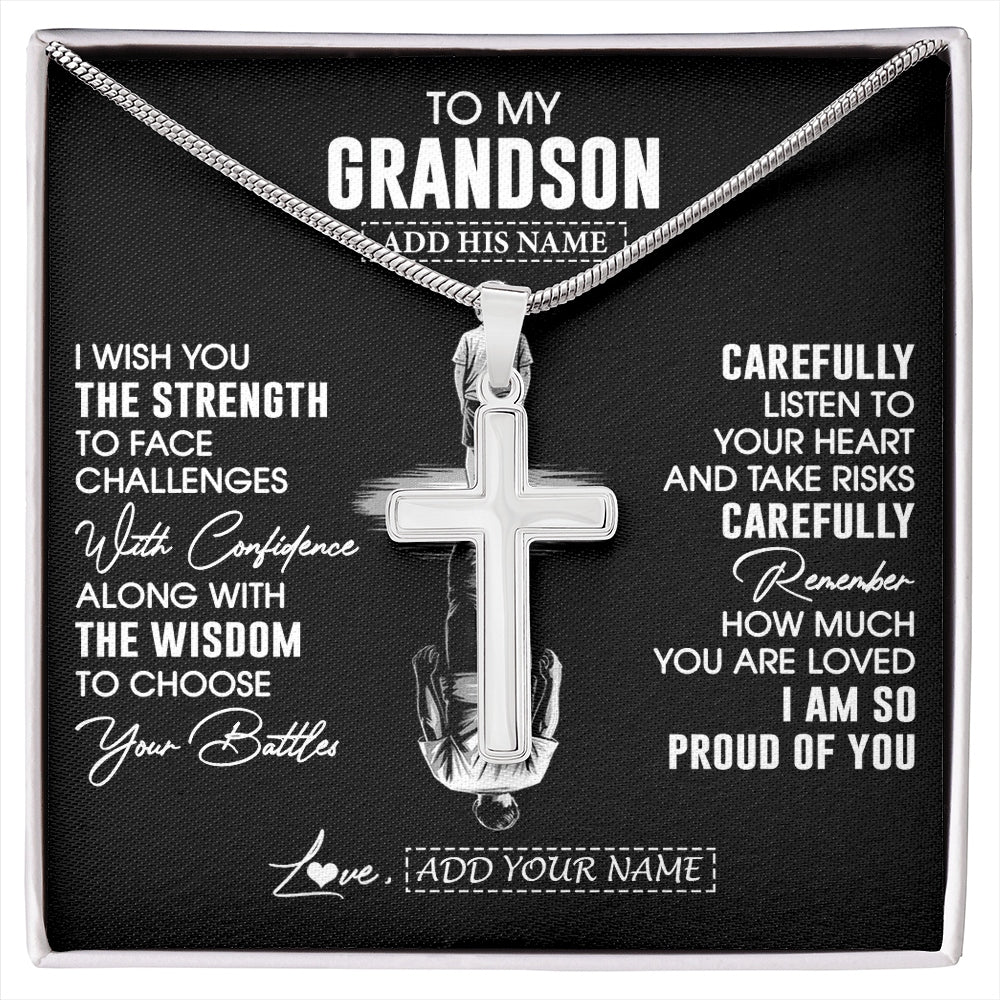 Stainless Cross Necklace Stainless Steel | 1 | Personalized To My Grandson Gifts Necklace From Grandma Grandpa I Wish You The Strength Grandson Birthday Gifts Christmas Graduation Gift Box Message Card | https://siriusteestore.