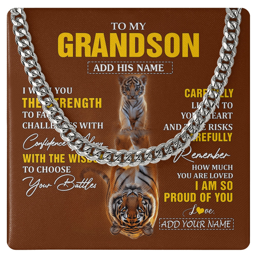 Cuban Link Chain Necklace Stainless Steel | 1 | Personalized To My Grandson Gifts Necklace From Grandma Grandpa I Wish You The Strength Tiger Grandson Birthday Gifts Christmas Custom Gift Box Message Card | https://siriusteestore.