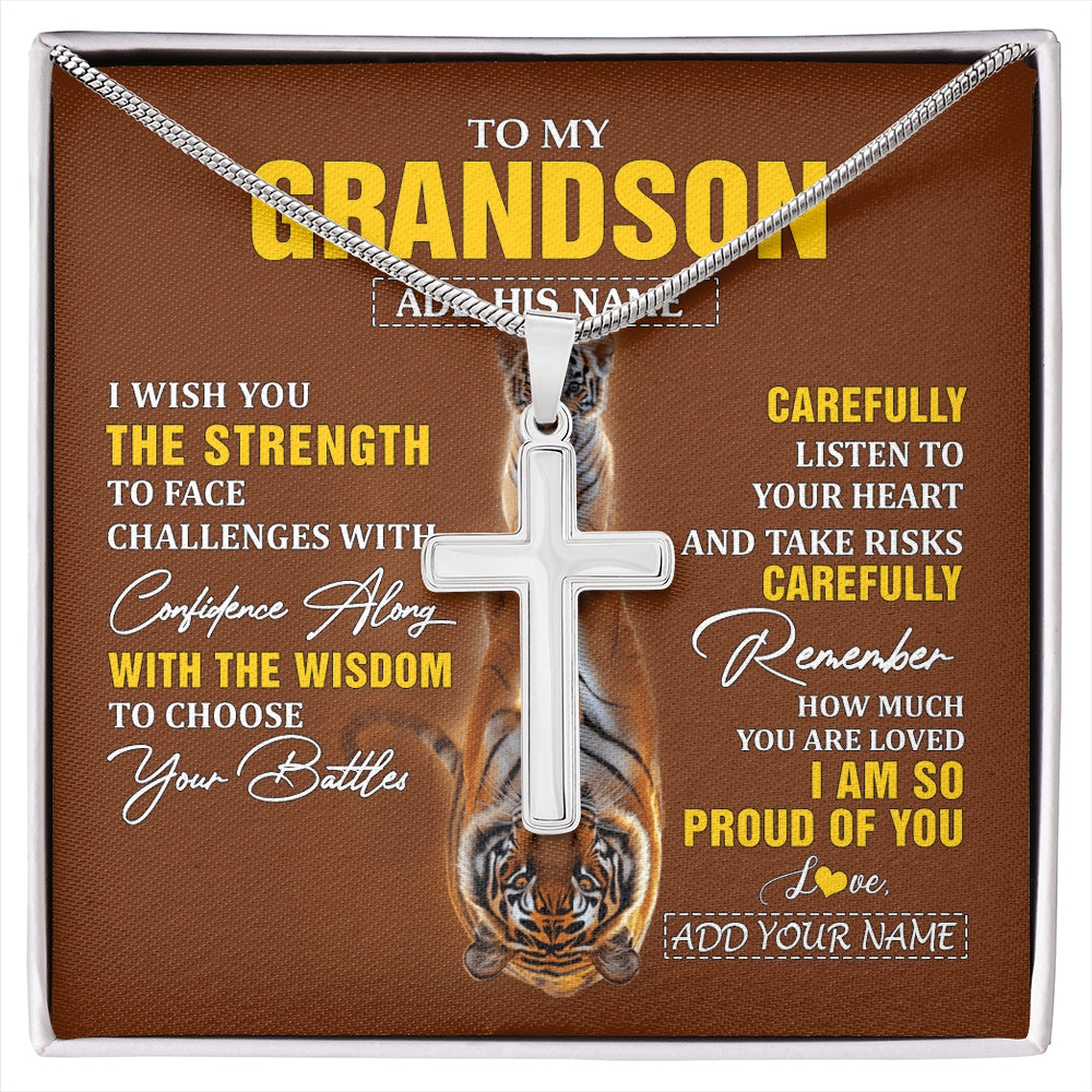Stainless Cross Necklace Stainless Steel | 1 | Personalized To My Grandson Gifts Necklace From Grandma Grandpa I Wish You The Strength Tiger Grandson Birthday Gifts Christmas Custom Gift Box Message Card | https://siriusteestore.