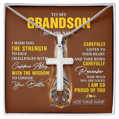 Stainless Cross Necklace Stainless Steel | 1 | Personalized To My Grandson Gifts Necklace From Grandma Grandpa I Wish You The Strength Tiger Grandson Birthday Gifts Christmas Custom Gift Box Message Card | https://siriusteestore.