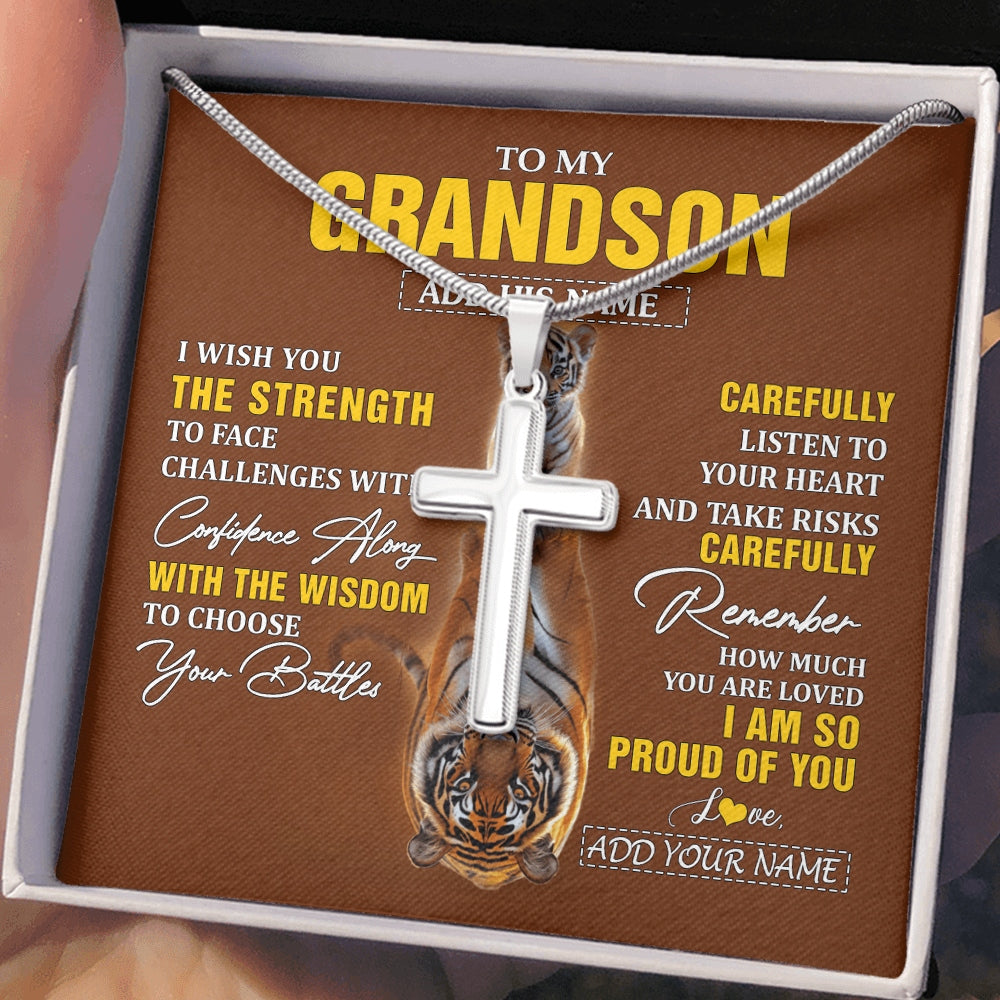 Stainless Cross Necklace Stainless Steel | 2 | Personalized To My Grandson Gifts Necklace From Grandma Grandpa I Wish You The Strength Tiger Grandson Birthday Gifts Christmas Custom Gift Box Message Card | https://siriusteestore.