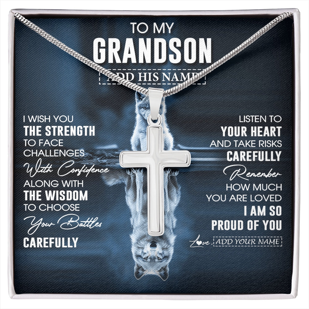 Stainless Cross Necklace Stainless Steel | 1 | Personalized To My Grandson Gifts Necklace From Grandma Grandpa I Wish You The Strength Wolf Grandson Birthday Gifts Christmas Graduation Gift Box Message Card | https://siriusteestore.