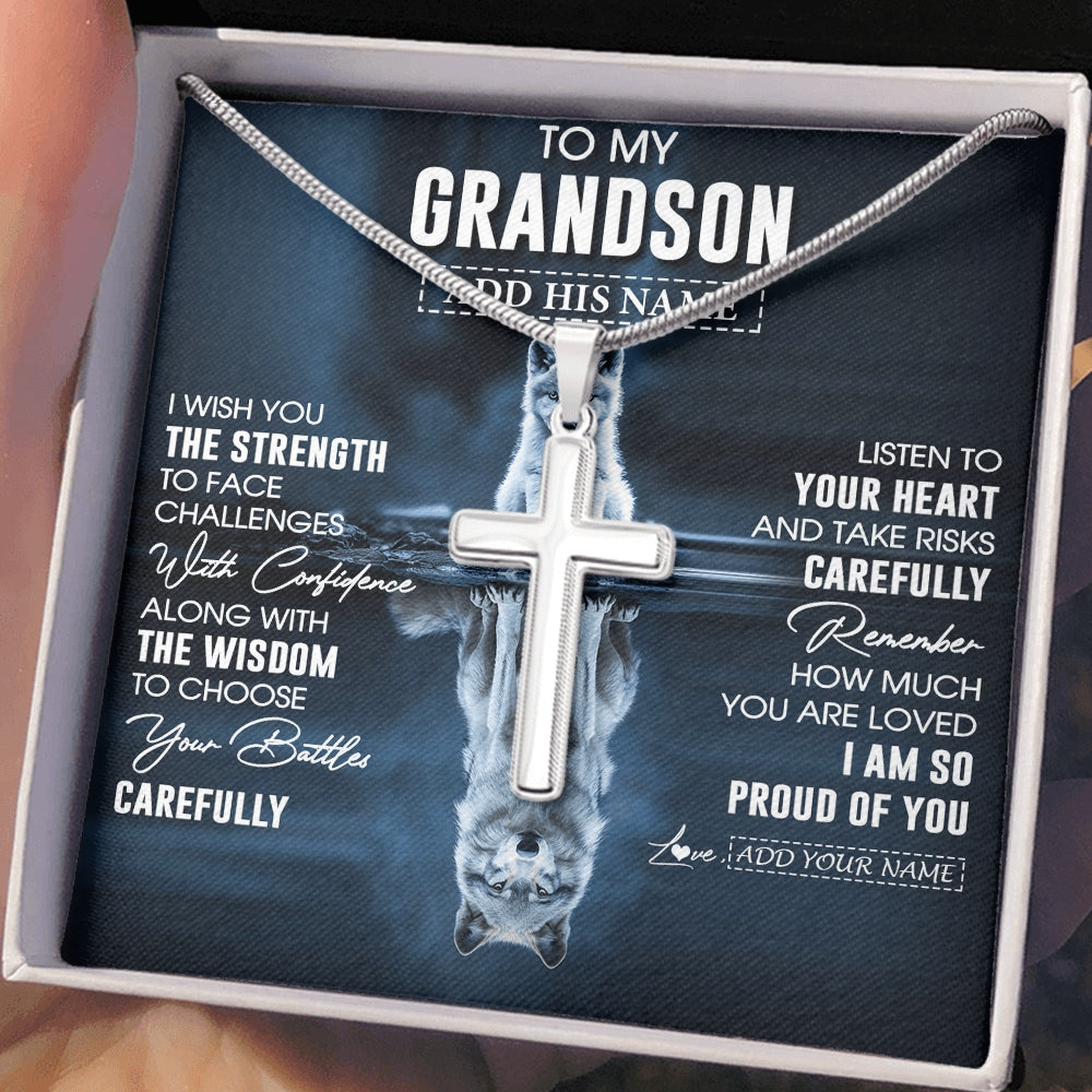 Stainless Cross Necklace Stainless Steel | 2 | Personalized To My Grandson Gifts Necklace From Grandma Grandpa I Wish You The Strength Wolf Grandson Birthday Gifts Christmas Graduation Gift Box Message Card | https://siriusteestore.