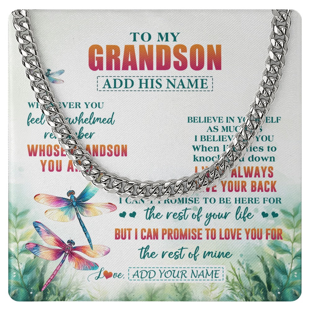 Cuban Link Chain Necklace Stainless Steel | 1 | Personalized To My Grandson Gifts Necklace From Grandma Grandpa Whenever You Feel Dragonfly Grandson Birthday Gifts Graduation Christmas Gift Box Message Card | https://siriusteestore.