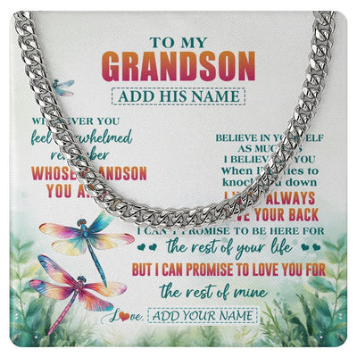 Cuban Link Chain Necklace Stainless Steel | 1 | Personalized To My Grandson Gifts Necklace From Grandma Grandpa Whenever You Feel Dragonfly Grandson Birthday Gifts Graduation Christmas Gift Box Message Card | https://siriusteestore.