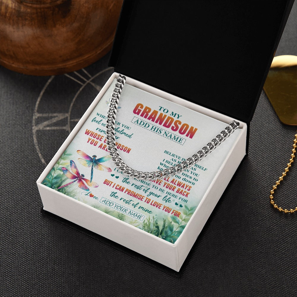 Cuban Link Chain Necklace Stainless Steel | 2 | Personalized To My Grandson Gifts Necklace From Grandma Grandpa Whenever You Feel Dragonfly Grandson Birthday Gifts Graduation Christmas Gift Box Message Card | https://siriusteestore.