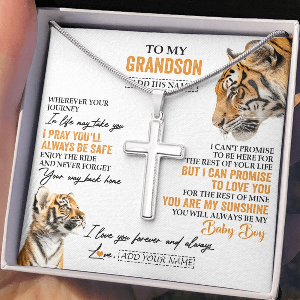 Stainless Cross Necklace Stainless Steel | 2 | Personalized To My Grandson Gifts Necklace From Grandma Grandpa Wherever Your Journey In Life Tiger Grandson Birthday Gifts Custom Gift Box Message Card | https://siriusteestore.