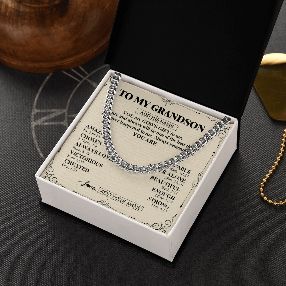 Cuban Link Chain Necklace Stainless Steel | 2 | Personalized To My Grandson Gifts Necklace From Grandma Grandpa You Are God's Gift To Me Grandson Birthday Gifts Christmas Christian Gift Box Message Card | https://siriusteestore.