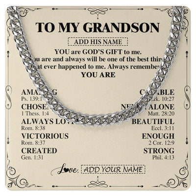 Cuban Link Chain Necklace Stainless Steel | 1 | Personalized To My Grandson Gifts Necklace From Grandma Grandpa You Are God's Gift To Me Grandson Birthday Gifts Christmas Christian Gift Box Message Card | https://siriusteestore.