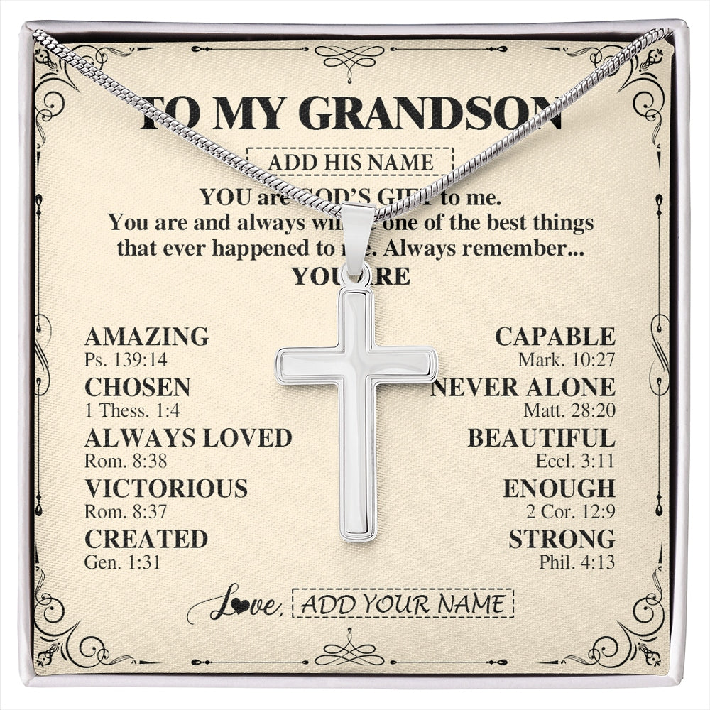 Stainless Cross Necklace Stainless Steel | 1 | Personalized To My Grandson Gifts Necklace From Grandma Grandpa You Are God's Gift To Me Grandson Birthday Gifts Christmas Christian Gift Box Message Card | https://siriusteestore.