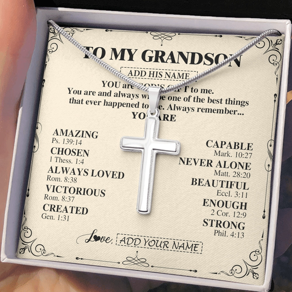 Stainless Cross Necklace Stainless Steel | 2 | Personalized To My Grandson Gifts Necklace From Grandma Grandpa You Are God's Gift To Me Grandson Birthday Gifts Christmas Christian Gift Box Message Card | https://siriusteestore.