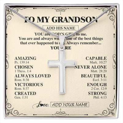 Stainless Cross Necklace Stainless Steel | 1 | Personalized To My Grandson Gifts Necklace From Grandma Grandpa You Are God's Gift To Me Grandson Birthday Gifts Christmas Christian Gift Box Message Card | https://siriusteestore.