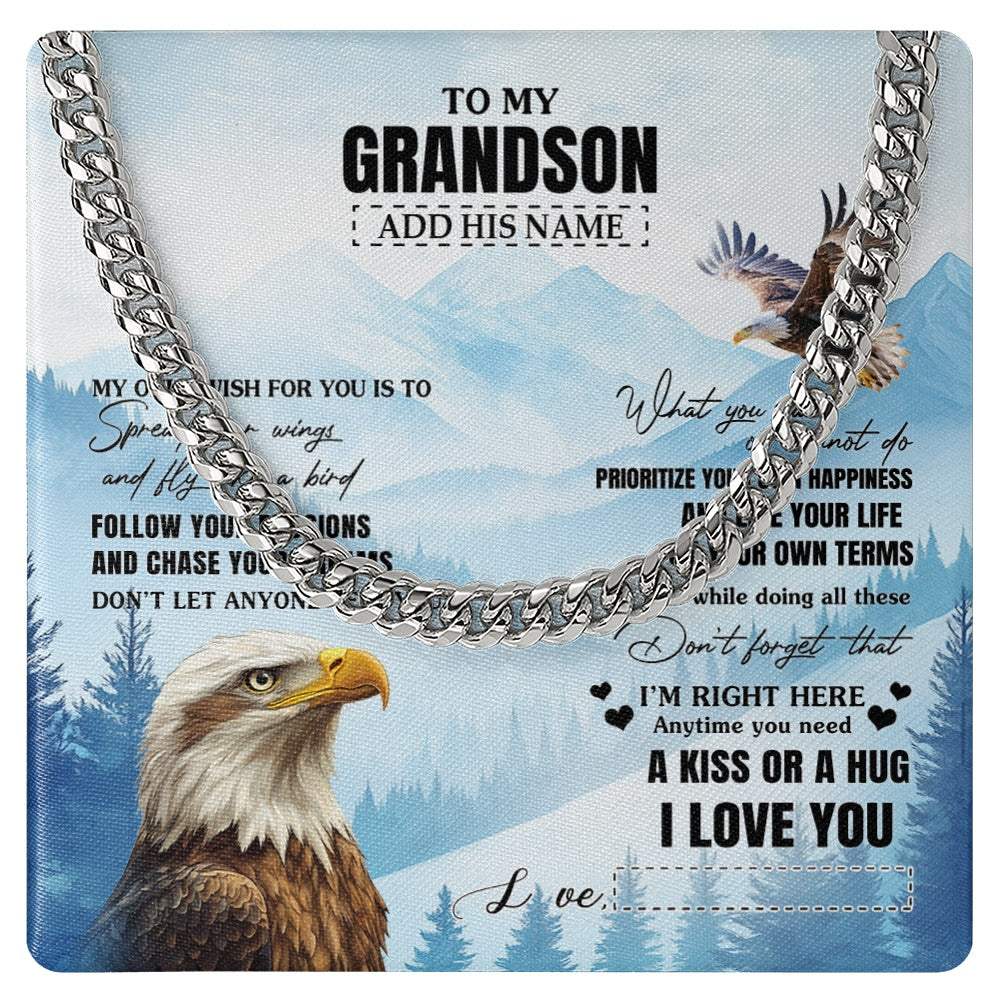 Cuban Link Chain Necklace Stainless Steel | 1 | Personalized To My Grandson Gifts Necklace From Grandma Papa Eagle My Only Wish For You Grandson Birthday Gifts Graduation Christmas Gift Box Message Card | siriusteestore.myshopify