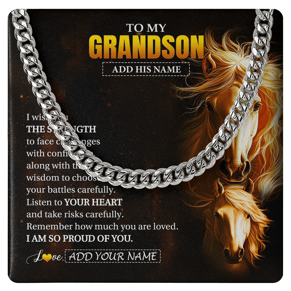 Cuban Link Chain Necklace Stainless Steel | 1 | Personalized To My Grandson Gifts Necklace From Grandma Papa I Wish You The Strength Horse Grandson Birthday Gifts Christmas Graduation Gift Box Message Card | https://siriusteestore.