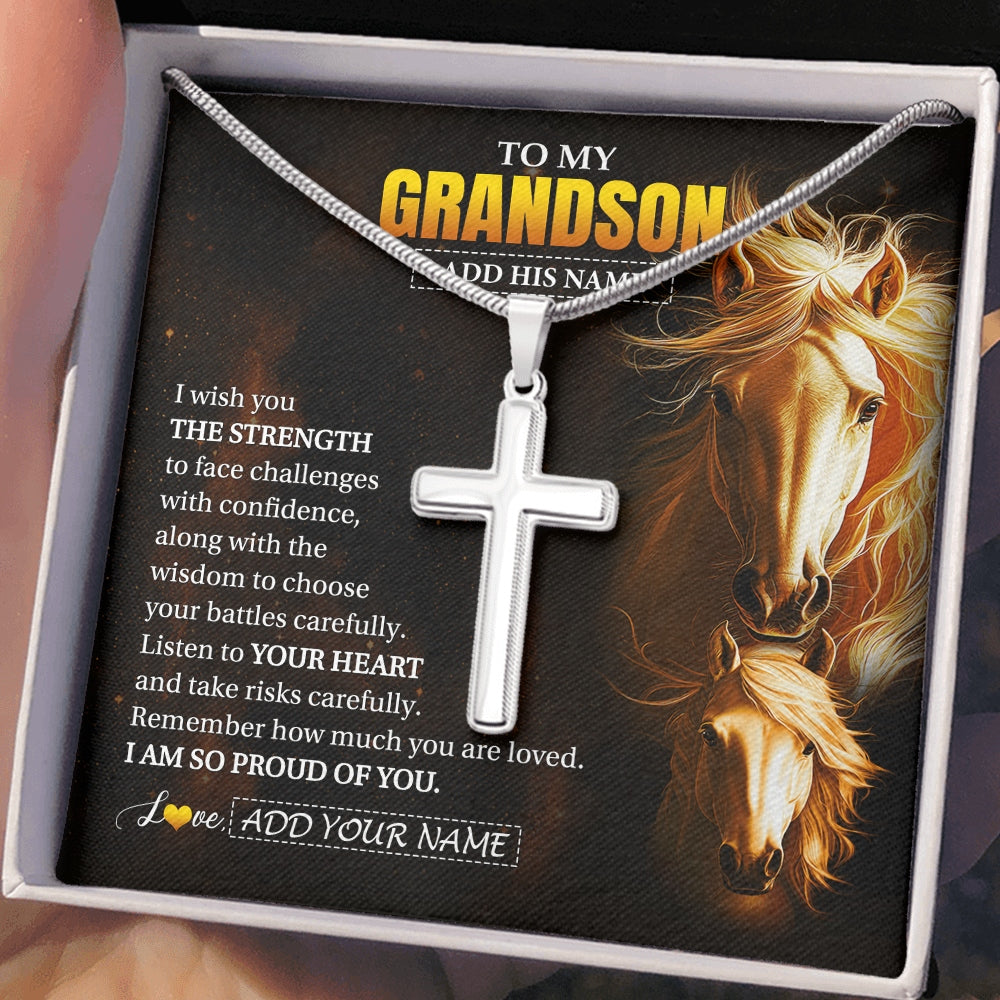Stainless Cross Necklace Stainless Steel | 2 | Personalized To My Grandson Gifts Necklace From Grandma Papa I Wish You The Strength Horse Grandson Birthday Gifts Christmas Graduation Gift Box Message Card | https://siriusteestore.
