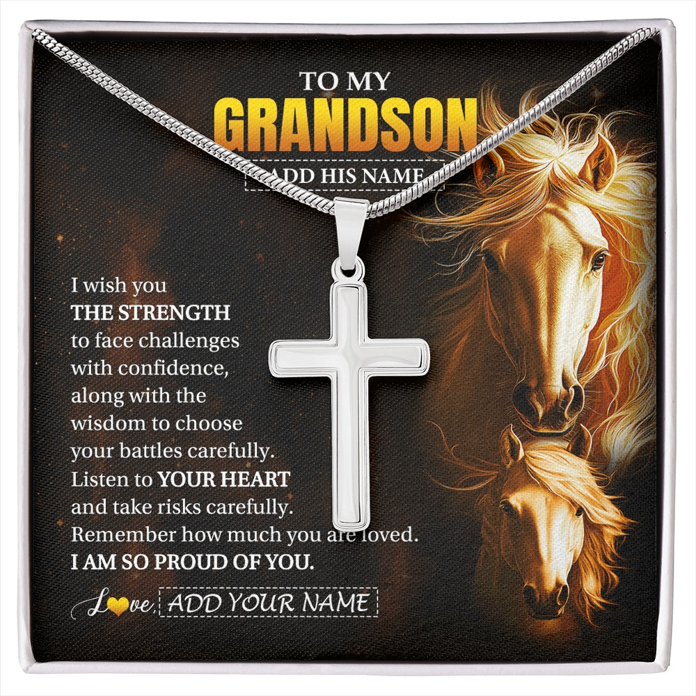 Stainless Cross Necklace Stainless Steel | 1 | Personalized To My Grandson Gifts Necklace From Grandma Papa I Wish You The Strength Horse Grandson Birthday Gifts Christmas Graduation Gift Box Message Card | https://siriusteestore.