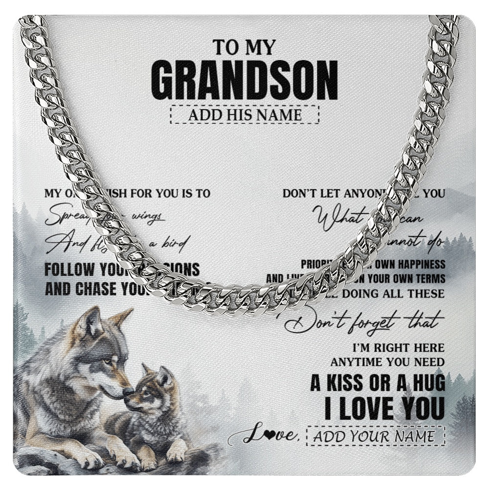 Cuban Link Chain Necklace Stainless Steel | 1 | Personalized To My Grandson Gifts Necklace From Grandma Papa Wolf My Only Wish For You Grandson Birthday Gifts Graduation Christmas Gift Box Message Card | https://siriusteestore.