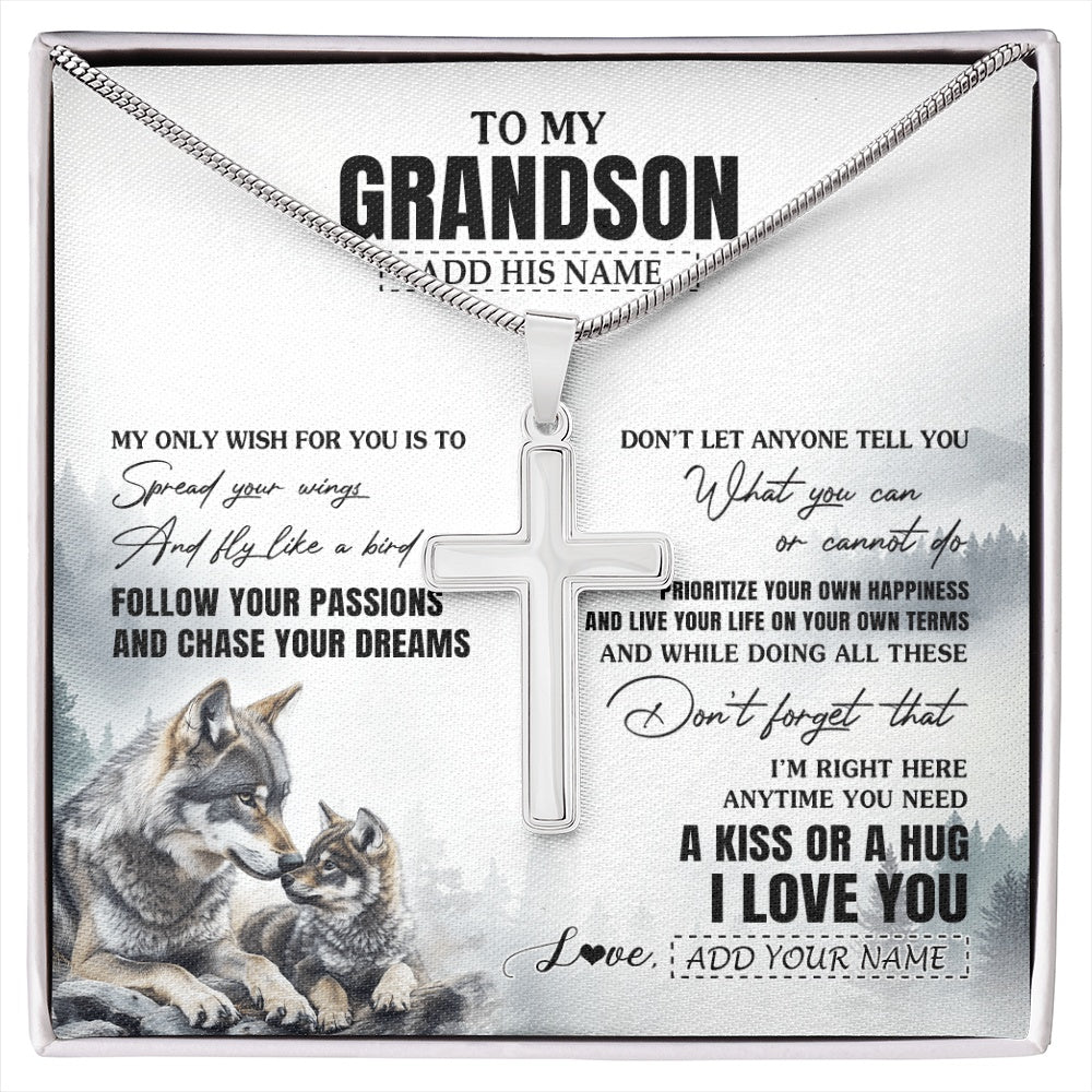 Stainless Cross Necklace Stainless Steel | 1 | Personalized To My Grandson Gifts Necklace From Grandma Papa Wolf My Only Wish For You Grandson Birthday Gifts Graduation Christmas Gift Box Message Card | https://siriusteestore.