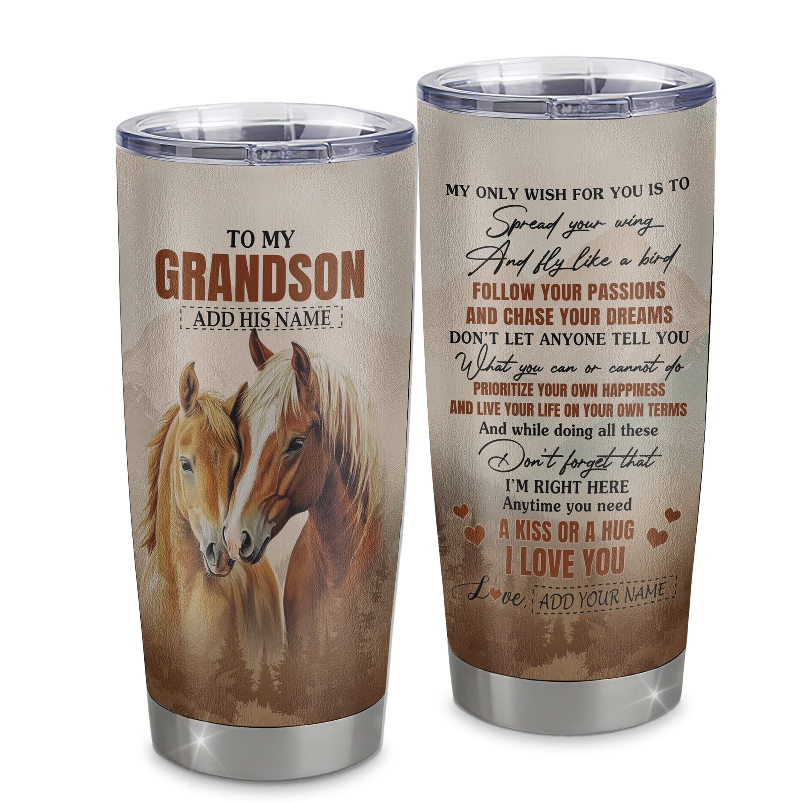 Personalized To My Grandson Gifts Tumbler From Grandma Grandpa Horse My Only Wish For You Grandson Birthday Gifts Graduation Christmas Custom Stainless Steel Mug | siriusteestore