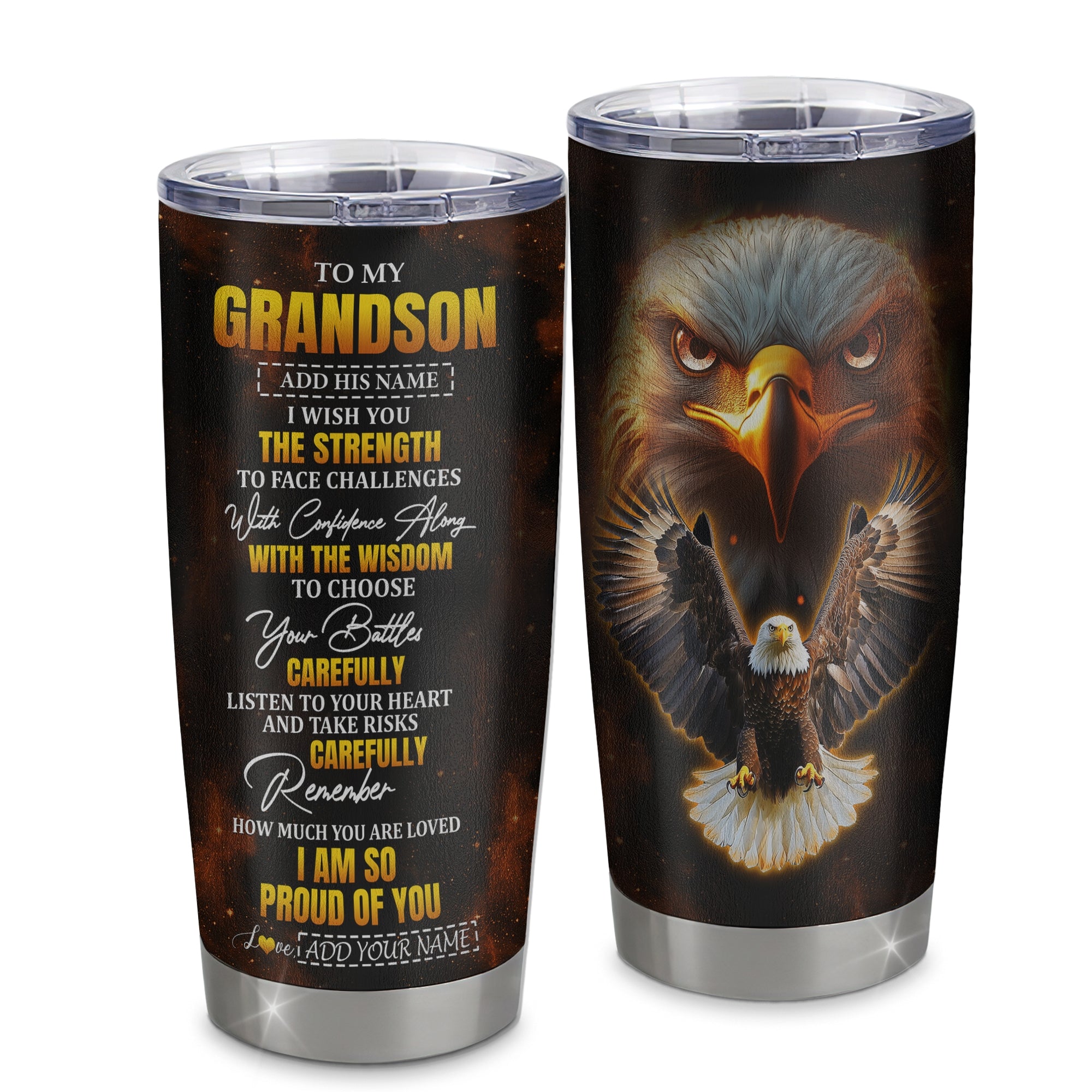 Personalized To My Grandson Gifts Tumbler From Grandma Grandpa I Wish You The Strength Eagle Grandson Birthday Gifts Christmas Graduation Custom Stainless Steel Mug | siriusteestore