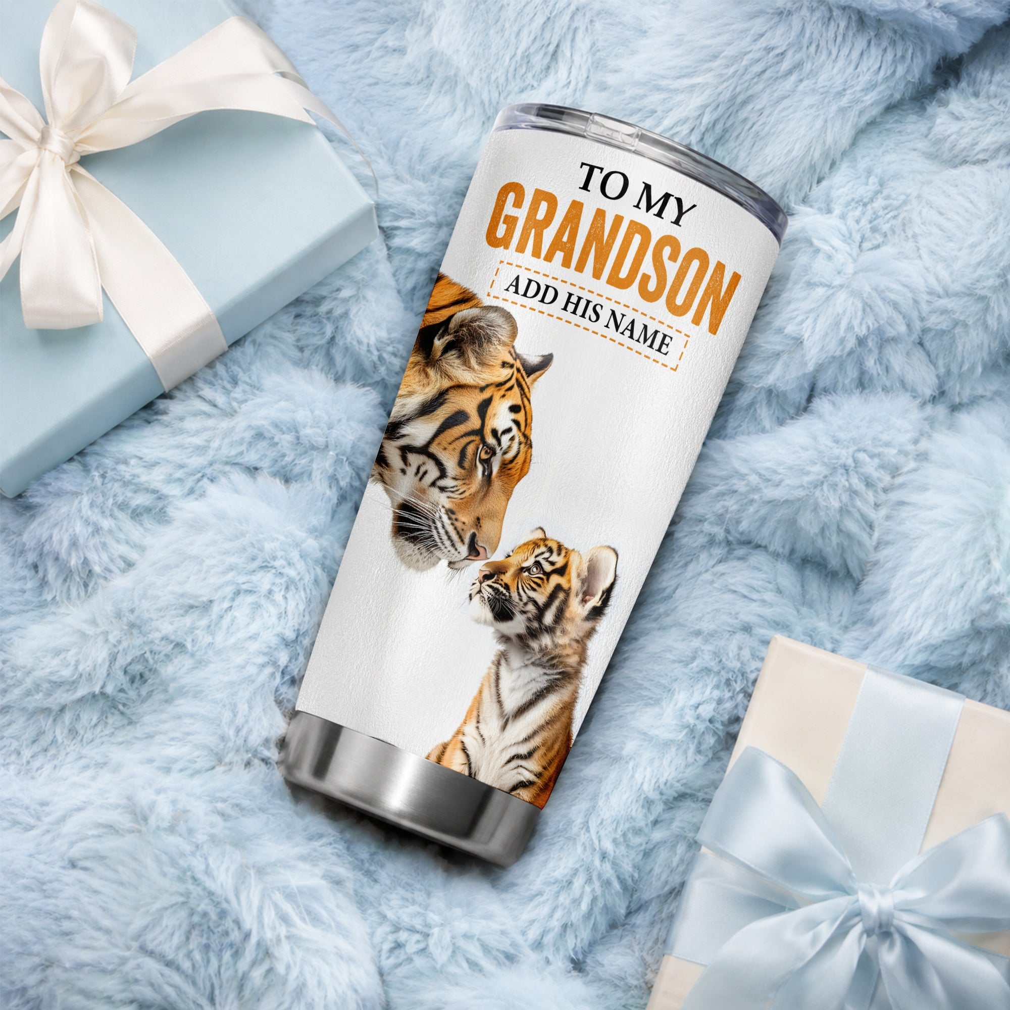 Personalized To My Grandson Gifts Tumbler From Grandma Grandpa Wherever Your Journey In Life Tiger Grandson Birthday Gifts Custom Stainless Steel Travel Mug | siriusteestore