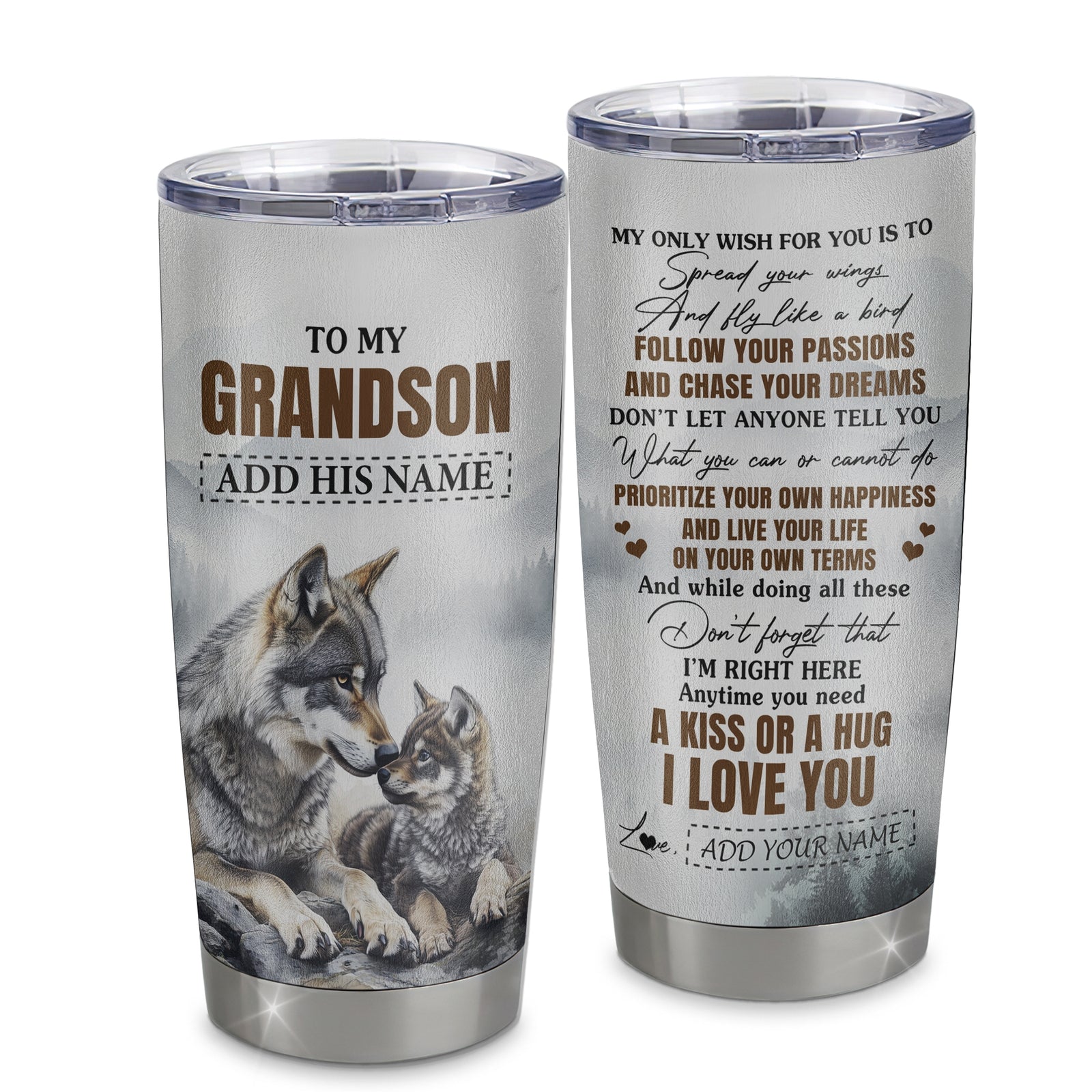 Personalized To My Grandson Gifts Tumbler From Grandma Papa Wolf My Only Wish For You Grandson Birthday Gifts Graduation Christmas Customized Stainless Steel Mug | siriusteestore