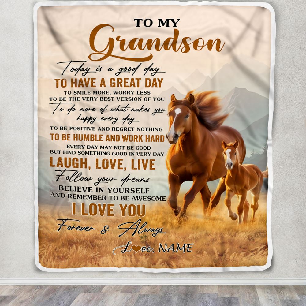 Personalized To My Grandson Horse Blanket From Grandma Grandpa Every Day Laugh Love Live Grandson Birthday Gifts Christmas Customized Fleece Throw Blanket | siriusteestore