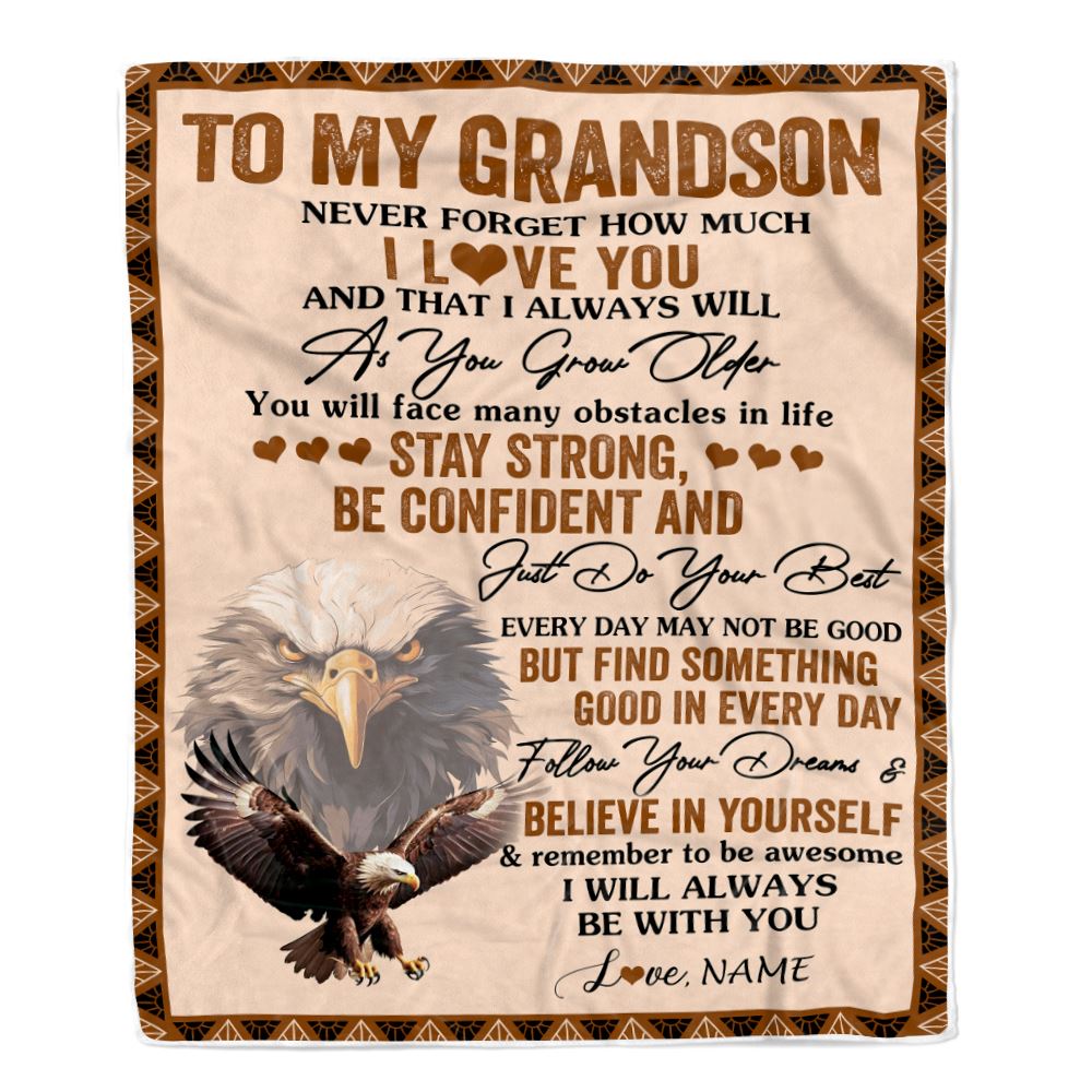 Personalized To My Grandson I Love You Forever Blanket From Grandma Grandpa Eagle Grandson Birthday Gifts Graduation Christmas Customized Fleece Throw Blanket | siriusteestore