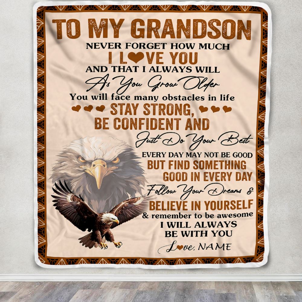 Personalized To My Grandson I Love You Forever Blanket From Grandma Grandpa Eagle Grandson Birthday Gifts Graduation Christmas Customized Fleece Throw Blanket | siriusteestore