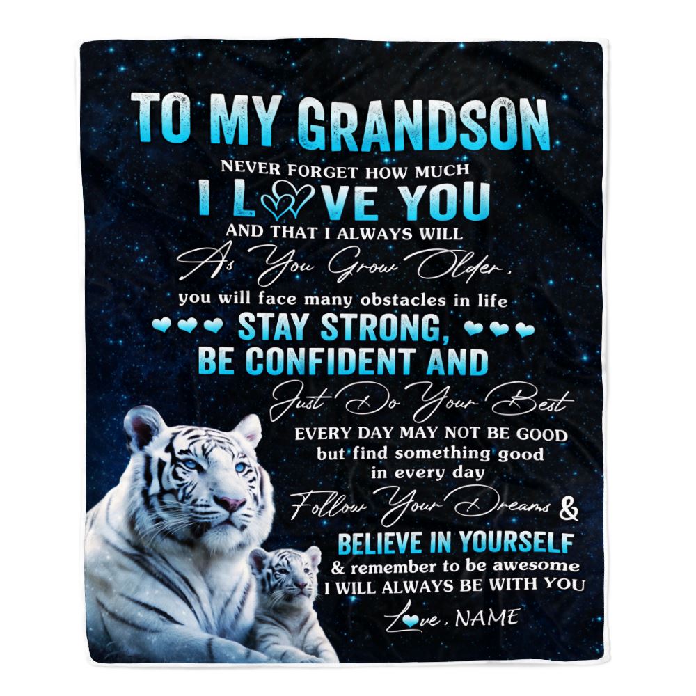 Personalized To My Grandson I Love You Forever Blanket From Grandma Grandpa White Tiger Grandson Birthday Gifts Graduation Christmas Customized Fleece Blanket | siriusteestore