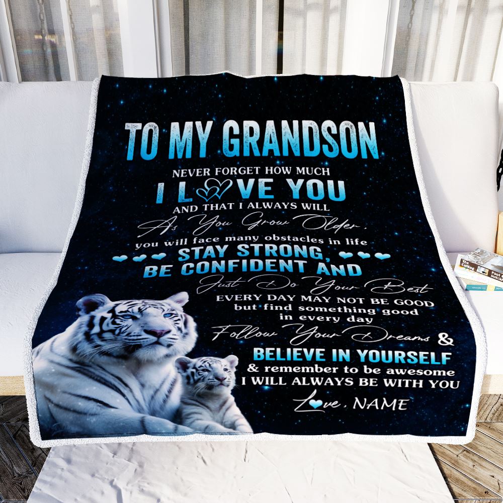 Personalized To My Grandson I Love You Forever Blanket From Grandma Grandpa White Tiger Grandson Birthday Gifts Graduation Christmas Customized Fleece Blanket | siriusteestore