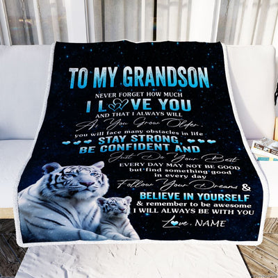 Personalized To My Grandson I Love You Forever Blanket From Grandma Grandpa White Tiger Grandson Birthday Gifts Graduation Christmas Customized Fleece Blanket | siriusteestore