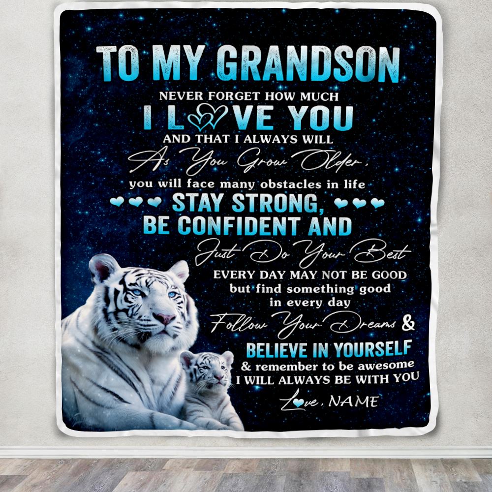 Personalized To My Grandson I Love You Forever Blanket From Grandma Grandpa White Tiger Grandson Birthday Gifts Graduation Christmas Customized Fleece Blanket | siriusteestore