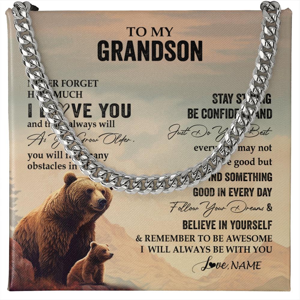 Cuban Link Chain Necklace Stainless Steel | 1 | Personalized To My Grandson I Love You Forever Necklace From Grandma Grandpa Bear Grandson Birthday Graduation Christmas Customized Gift Box Message Card | siriusteestore