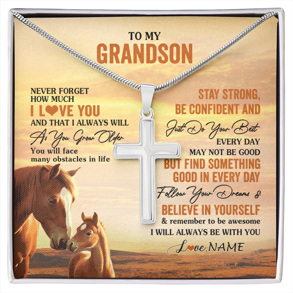 Stainless Cross Necklace Stainless Steel | 1 | Personalized To My Grandson I Love You Forever Necklace From Grandma Grandpa Horse Grandson Birthday Graduation Christmas Customized Gift Box Message Card | siriusteestore