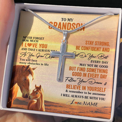 Stainless Cross Necklace Stainless Steel | 2 | Personalized To My Grandson I Love You Forever Necklace From Grandma Grandpa Horse Grandson Birthday Graduation Christmas Customized Gift Box Message Card | siriusteestore