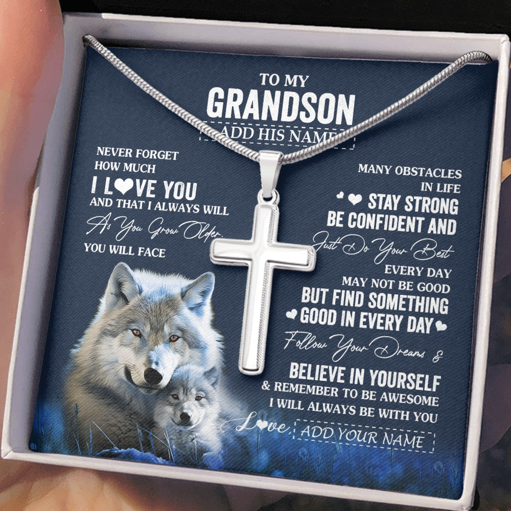 Stainless Cross Necklace Stainless Steel | 2 | Personalized To My Grandson I Love You Forever Necklace From Grandma Grandpa Wolf Grandson Birthday Gifts Graduation Christmas Custom Gift Box Message Card | siriusteestore.myshopify