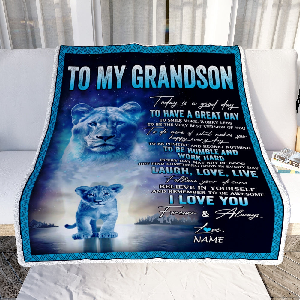 Personalized To My Grandson Lion Blanket From Grandma Gigi Every Day Laugh Love Live Grandson Birthday Graduation Christmas Customized Fleece Throw Blanket | siriusteestore