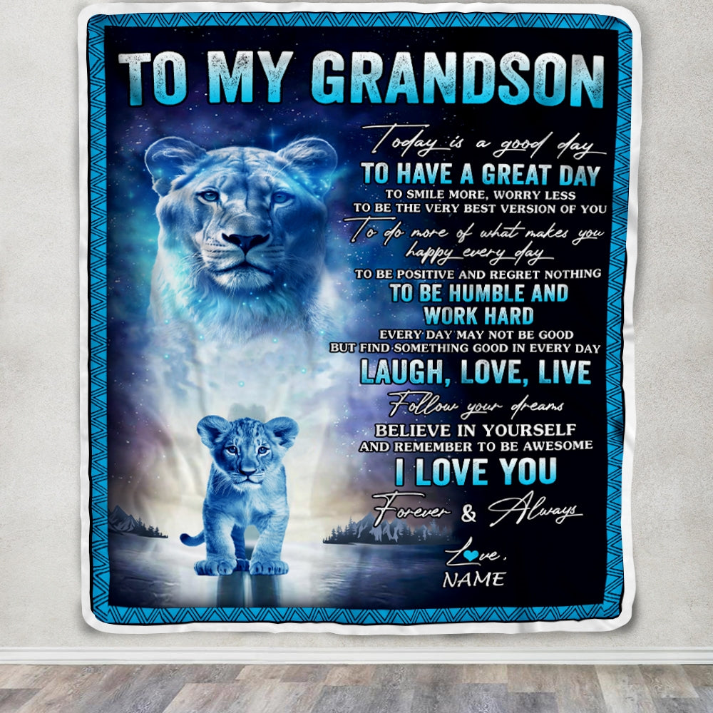 Personalized To My Grandson Lion Blanket From Grandma Gigi Every Day Laugh Love Live Grandson Birthday Graduation Christmas Customized Fleece Throw Blanket | siriusteestore